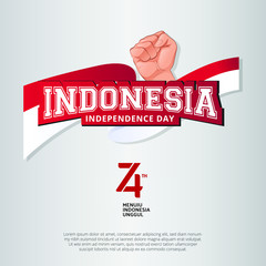 Indonesia Independence Day with Indonesian Flag, Hand and Indonesian 74th logo. Vector Illustration