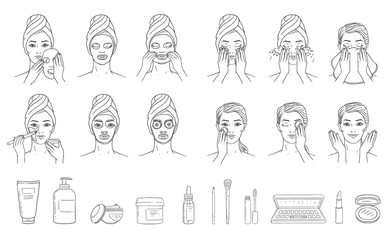 Application steps of facial mask on woman head and cosmetics set sketch style