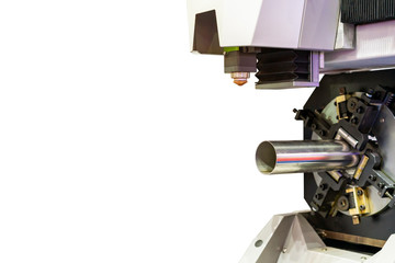 close up pipe prepare or setting by clamp with automatic feed and rotate unit of high accuracy cnc  laser cutting machine for engrave or perforate isolated on white background + clipping path & space