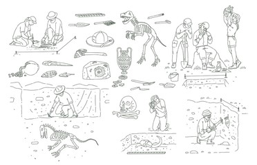 Set of archeology tools and people working on excavation outline sketch style