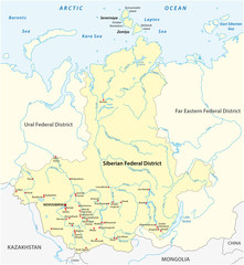 Fototapeta na wymiar Map of the Russian Siberian Federal District with major cities and rivers