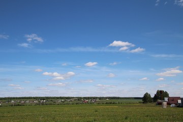 rural landscape with blue sky and white clouds over a green field