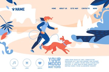 Concept banner with young woman jogging with large orange dog. Vector outdoor illustration with non-urban landscape scene, trees and greenery