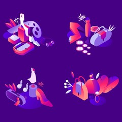 Isometric scenes with 3d objects for elegant woman fashion boutique or sale. Isolated on dark background bright gradients, mannequins, bags and shoes, jewelry, good for banners and design