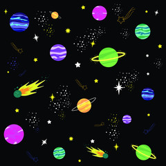 Obraz na płótnie Canvas Vector illustration. Colorful, bright cosmic pattern with planets, stars, comet. Black background. 