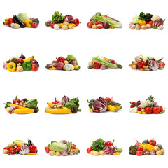 Set of different organic vegetables on white background