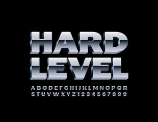 Vector concept sign Hard Level with 3D Metallic Font. Uppercase reflective Alphabet. Set of silver Letters and Numbers