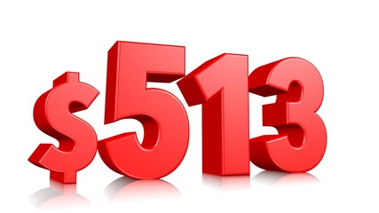 513$ Five hundred and thirteen price symbol. red text number 3d render with dollar sign on white background