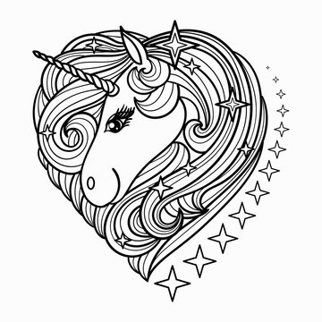 Cute Unicorn head with a long mane. Black and white vector illustration for coloring book.