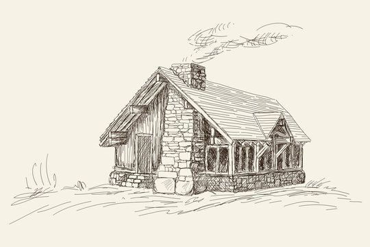 Wooden rural house with a stone chimney. Drawing sketch isolated on beige background.