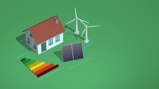 green energy concept animation, solar and wind energy, eco friendly modern house, efficiency rating chart, copy space, isometric view (3d render)