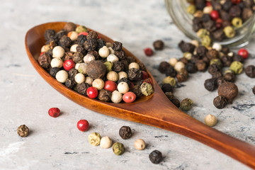 Multi Colored Peppercorns on a Wood Spoon