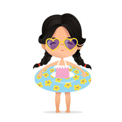 Dark Hair girl Wearing sunglasses in inflatable circle. Child Relax at Summer. Pool Party with Inflatable Ring. Beach Girl Character Isolated. Vacation Flat Cartoon Vector Illustration