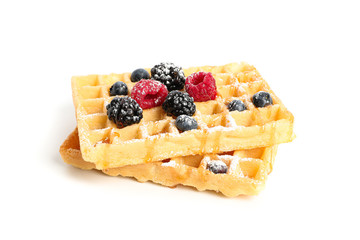 Belgian waffles with caramel topping isolated on white background