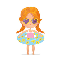 Red Hair girl Wearing sunglasses in inflatable circle. Child Relax at Summer. Pool Party with Inflatable Ring. Beach Girl Character Isolated. Vacation Flat Cartoon Vector Illustration