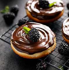 Chocolate-covered small cheesecakes with the addition of blackberries and fresh mint on a cooling tray on a black background, close-up. Delicious homemade dessert.