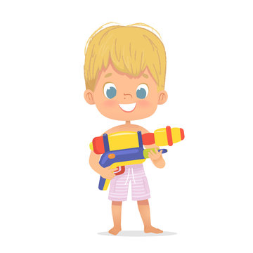 Smiling Cute Blond Baby Boy With a Toy Water Gun Posing. Pool Party Character with a Toygun. Beach Boy Character Isolated.