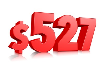 527$ Five hundred twenty-seven price symbol. red text number 3d render with dollar sign on white background