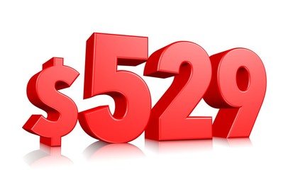 529$ Five hundred and twenty nine price symbol. red text number 3d render with dollar sign on white background