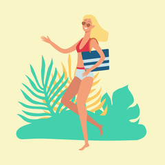 Attractive blonde woman goes to the beach, runs or dances in a bikin with a bag and sunglasses.