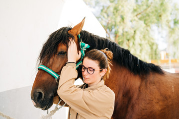 Young woman physiotherapist taking care a brown horse.