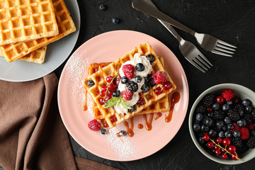 Beautiful composition with sweet belgian waffles, top view - Powered by Adobe