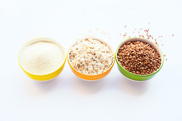 Semolina, porridge, rice, buckwheat. Set of various