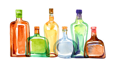 Transparent color glass alcohol bottles in a row. Watercolor hand drawn sketch illustration