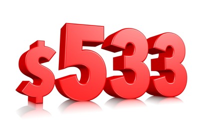 533$ Five hundred thirty three price symbol. red text number 3d render with dollar sign on white background