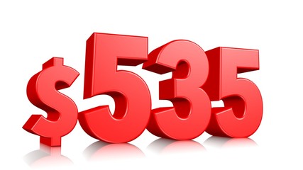 535$ Five hundred thirty five price symbol. red text number 3d render with dollar sign on white background