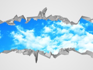 Сracked broken hole in white wall to cloudy sky