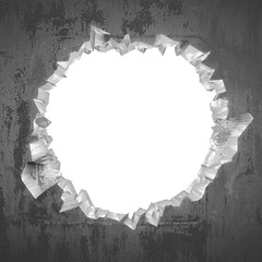 Dark cracked broken hole in concrete wall. Grunge background