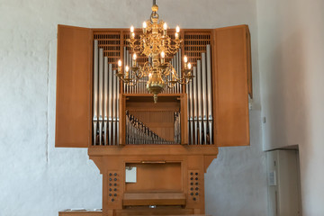 Turku, Finland - June 29, 2019: Organ of church in old medieval castle.