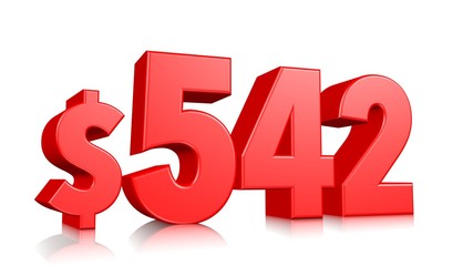 542$ Five hundred forty two price symbol. red text number 3d render with dollar sign on white background