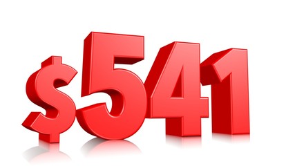 541$ Five hundred forty one price symbol. red text number 3d render with dollar sign on white background