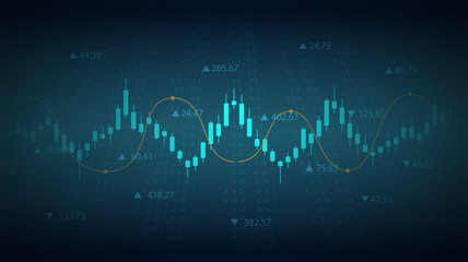 Abstract financial chart with candlestick line graph and stock market numbers on blue color background