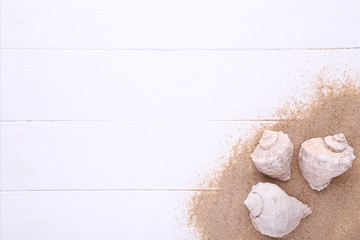 Starfish and seashells with sand on a white wooden background. Summer concept