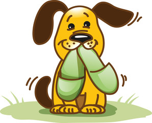 Funny cartoon dog brings slippers to its owner, wants to be helpfull - obrazy, fototapety, plakaty