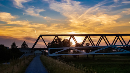 Beautiful sunset with a bridge silhouette at Deggendorf, Bavaria, Germany