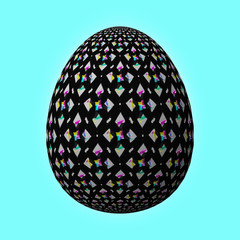 Happy Easter - Frohe Ostern, Artfully designed and colorful easter egg, 3D illustration on turquoise background 