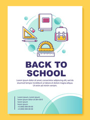 Pupils accessories brochure template layout. Back to school. Flyer, booklet, leaflet print design with linear illustrations. Vector page layouts for magazines, annual reports, advertising posters