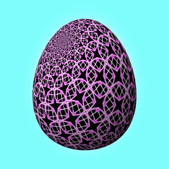 Happy Easter - Frohe Ostern, Artfully designed and colorful easter egg, 3D illustration on turquoise background 