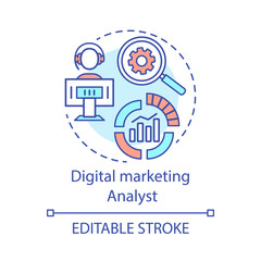 Digital marketing analyst concept icon. Web analytics specialty idea thin line illustration. Online statistics analysis. Products promotion. Vector isolated outline drawing. Editable stroke