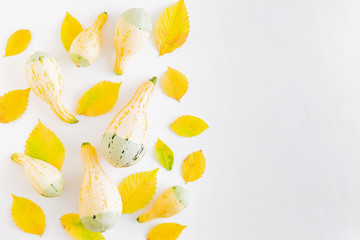 Flat lay pattern with colorful autumn leaves and pumpkins on a white background