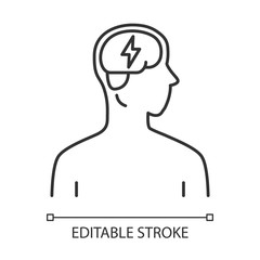 Ill brain linear icon. Dementia, stroke. Sore human organ. Unhealthy nervous system. Mental health. Thin line illustration. Contour symbol. Vector isolated outline drawing. Editable stroke