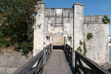 La Rochelle Ramparts with gate of the Two Mills Lantern tower Chain tower and Saint Nicolas tower entrance of port