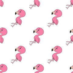 Happy flamingo. Colored seamless pattern with cute cartoon character. Simple flat vector illustration isolated on white background. Design wallpaper, fabric, wrapping paper, covers, websites.