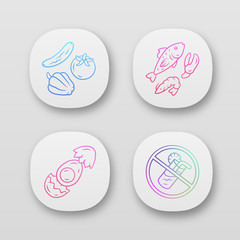 Balanced eating app icons set. High vitamin and omega 3 healthy food. UI/UX user interface. No soft drinks sign. Egg, vegetables and fish. Web or mobile applications. Vector isolated illustrations