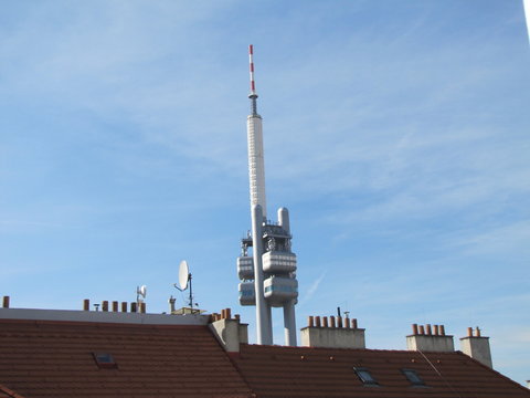 Žižkovsk&aacute; televizn&iacute; věž above the Roofs in Prague, the Czech Republic