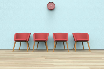 Obraz premium 3D rendering of chairs and clock in a waiting room